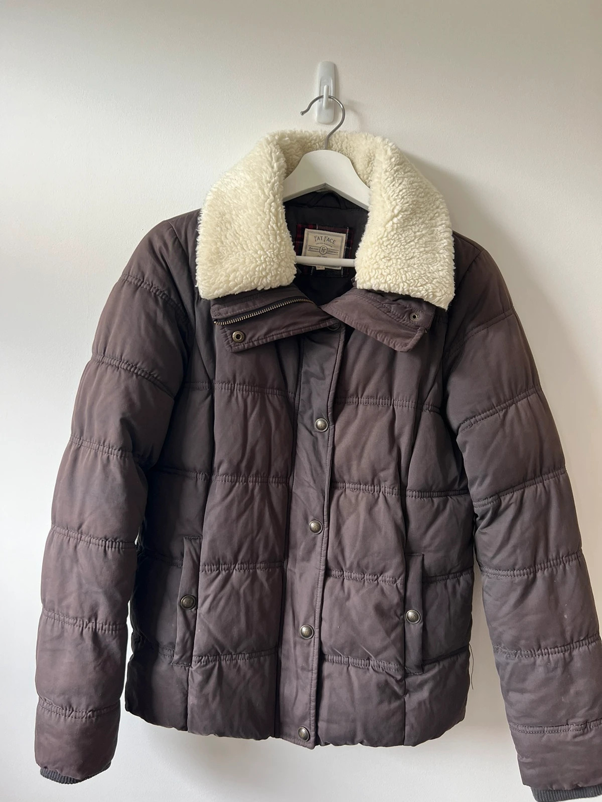 Ladies fat face brown padded puffer button up jacket shearling collar coat 10