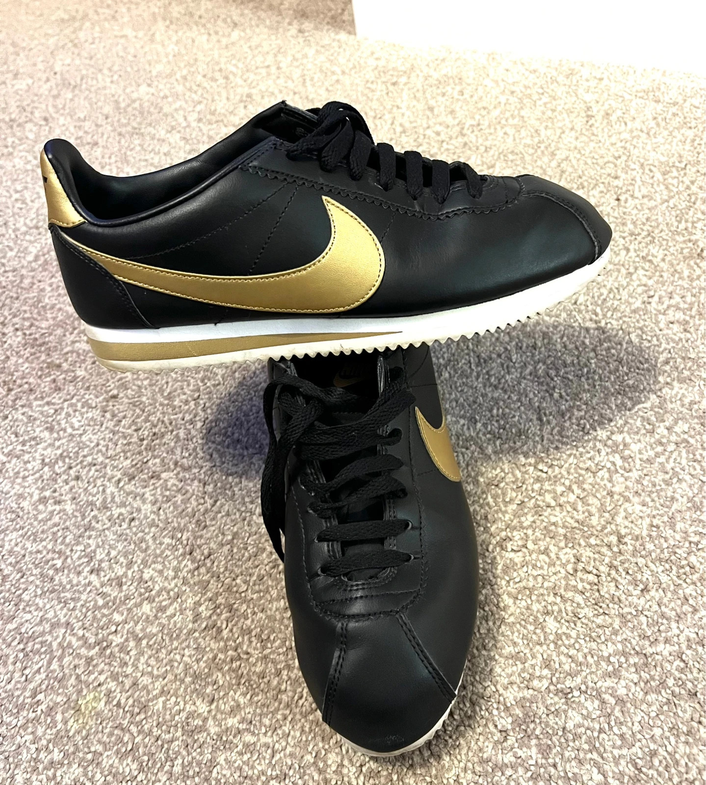 Nike Cortez Basic Leather Black Metallic Gold Size UK 6