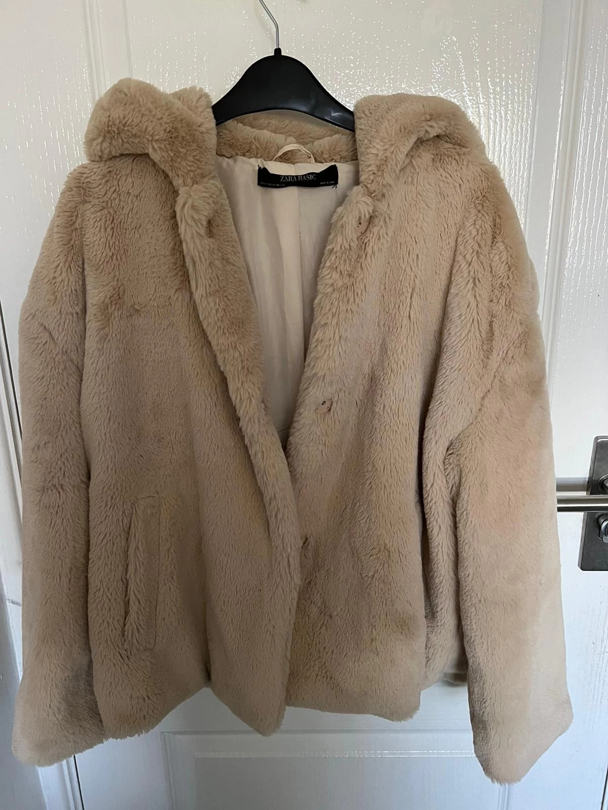 Zara basic cream faux fur hooded button coat xs new Vinted