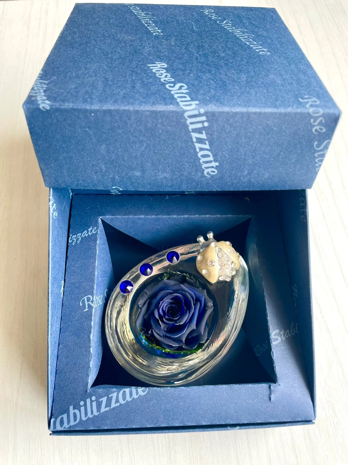 Rosa stabilizzata blu coccinella portafortuna regalo